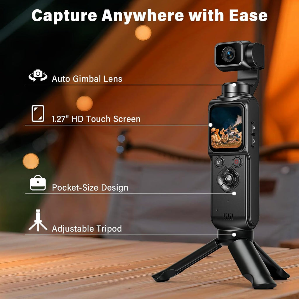 4K Vlogging Camera with 1.72'' Sensor – 2-Axis Stabilisation Action Camera, 64MP Digital Camera with Touchscreen, Subject Tracking, Compact Camera with 64GB Card for Travel Outdoor Vlog