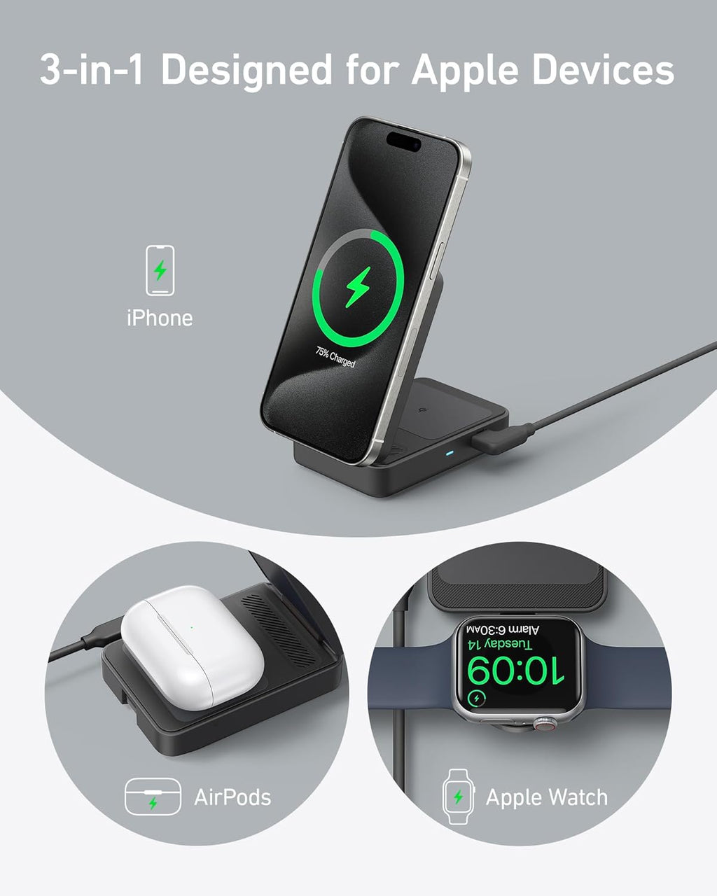 Anker MagGo 3-in-1 Wireless Charging Station, MagSafe-Compatible Qi2 Certified 15W Wireless Stand with Apple Watch and AirPods Support, For iPhone 17/16/15 Series and More (40W USB C Charger Included)