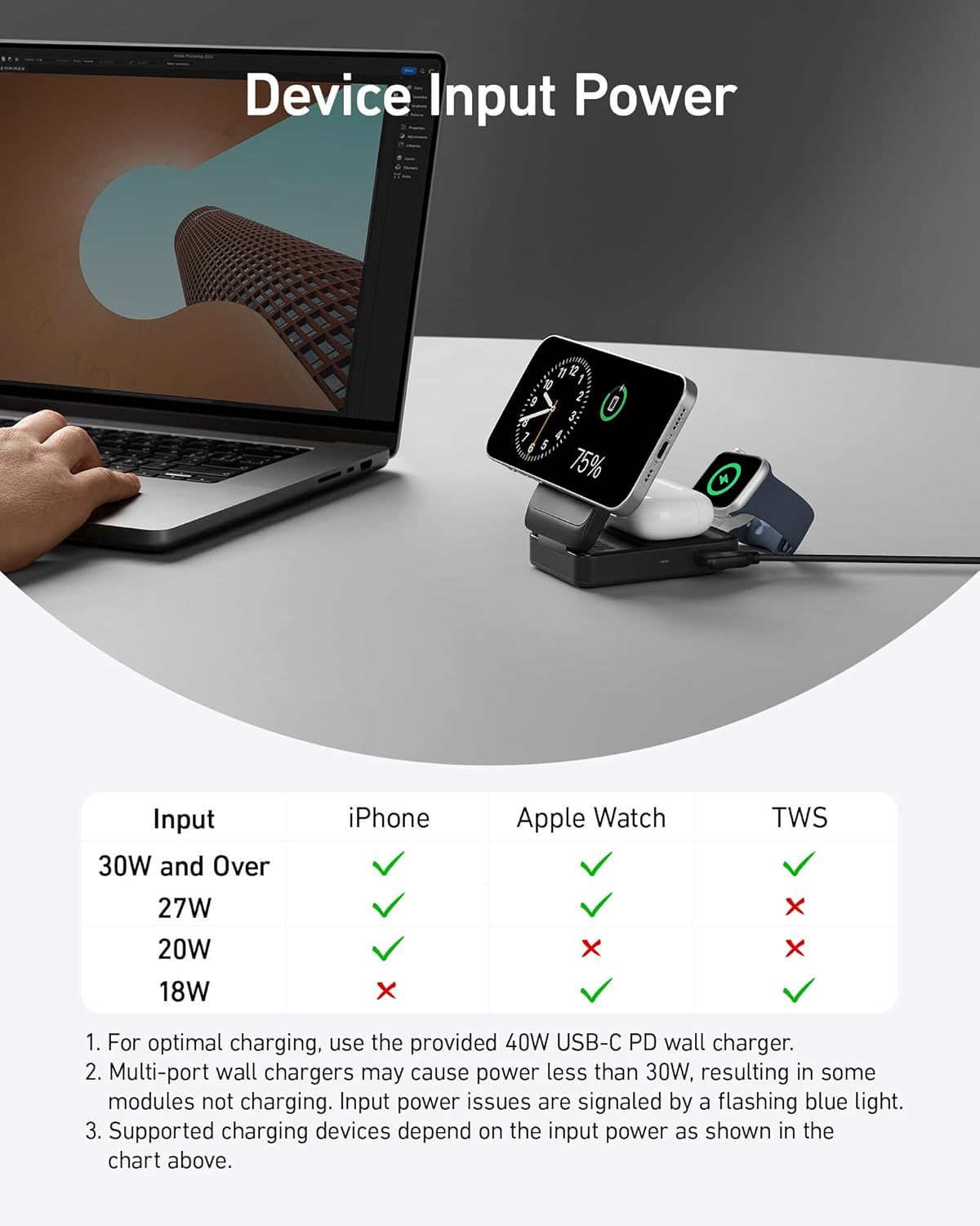 Anker MagGo 3-in-1 Wireless Charging Station, MagSafe-Compatible Qi2 Certified 15W Wireless Stand with Apple Watch and AirPods Support, For iPhone 17/16/15 Series and More (40W USB C Charger Included)