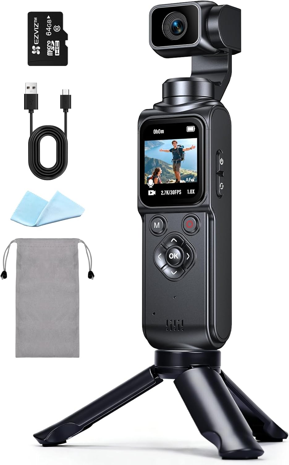 4K Vlogging Camera with 1.72'' Sensor – 2-Axis Stabilisation Action Camera, 64MP Digital Camera with Touchscreen, Subject Tracking, Compact Camera with 64GB Card for Travel Outdoor Vlog