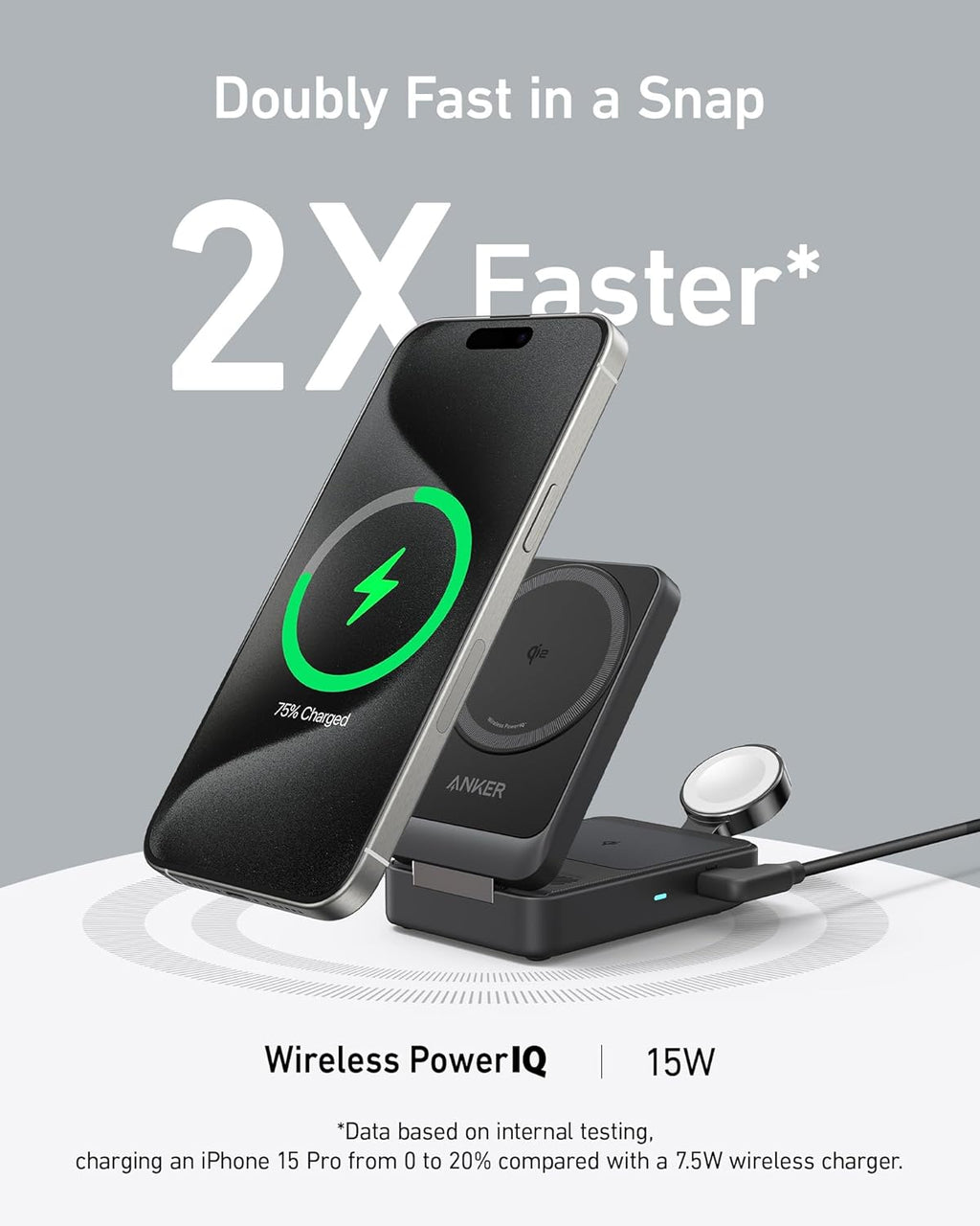 Anker MagGo 3-in-1 Wireless Charging Station, MagSafe-Compatible Qi2 Certified 15W Wireless Stand with Apple Watch and AirPods Support, For iPhone 17/16/15 Series and More (40W USB C Charger Included)