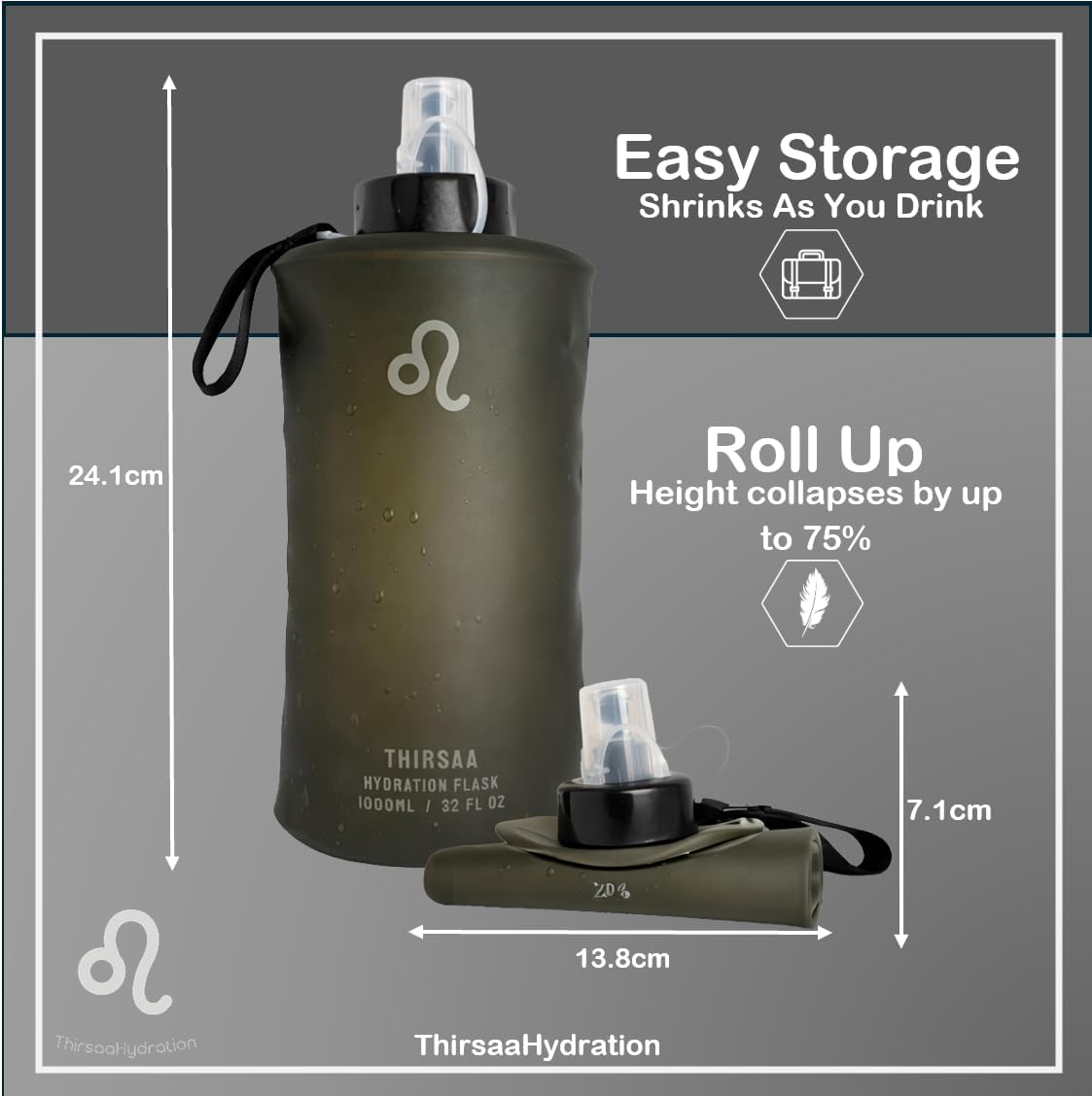 Collapsible 1L Soft Flask Water Bottle – Leak-Proof, BPA Free Hydration Bottle with Roll Up Design for Running, Hiking, Cycling or Travelling (1, Charcoal)